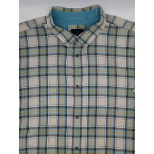 PrAna Button Shirt Mens 2XL XXL Plaid Short Sleeve Blue Yellow‎ Spring Vacation